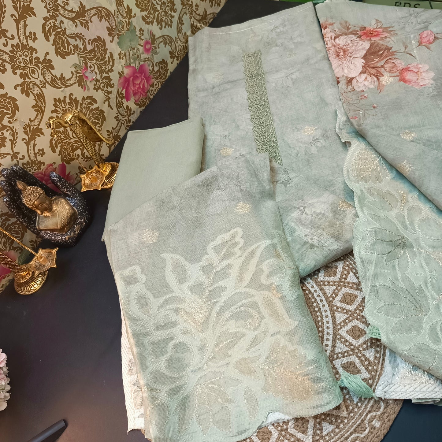 Mint Green Linen Jamdhani Cutwork vegan Unstitched Suit PA25066