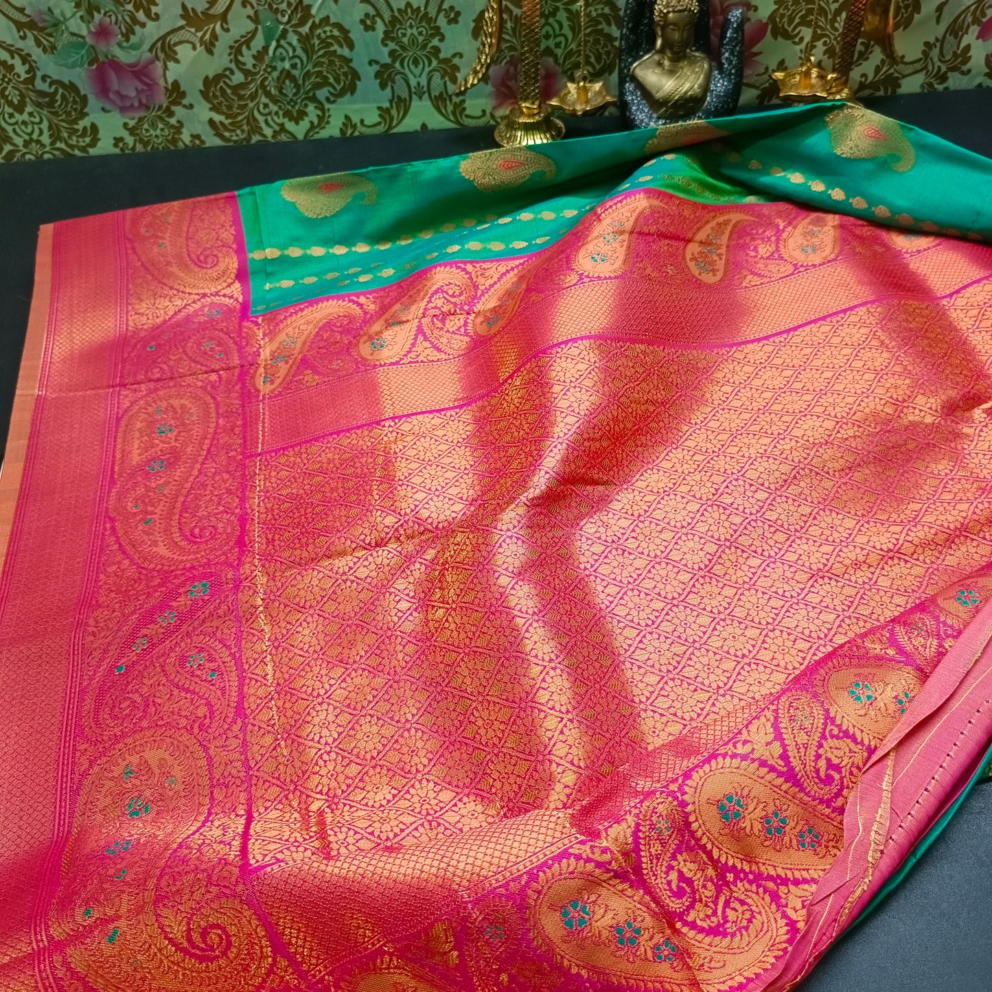 Seagreen Pink Pavazha Pattu vegan Kanchi silk saree MA25136
