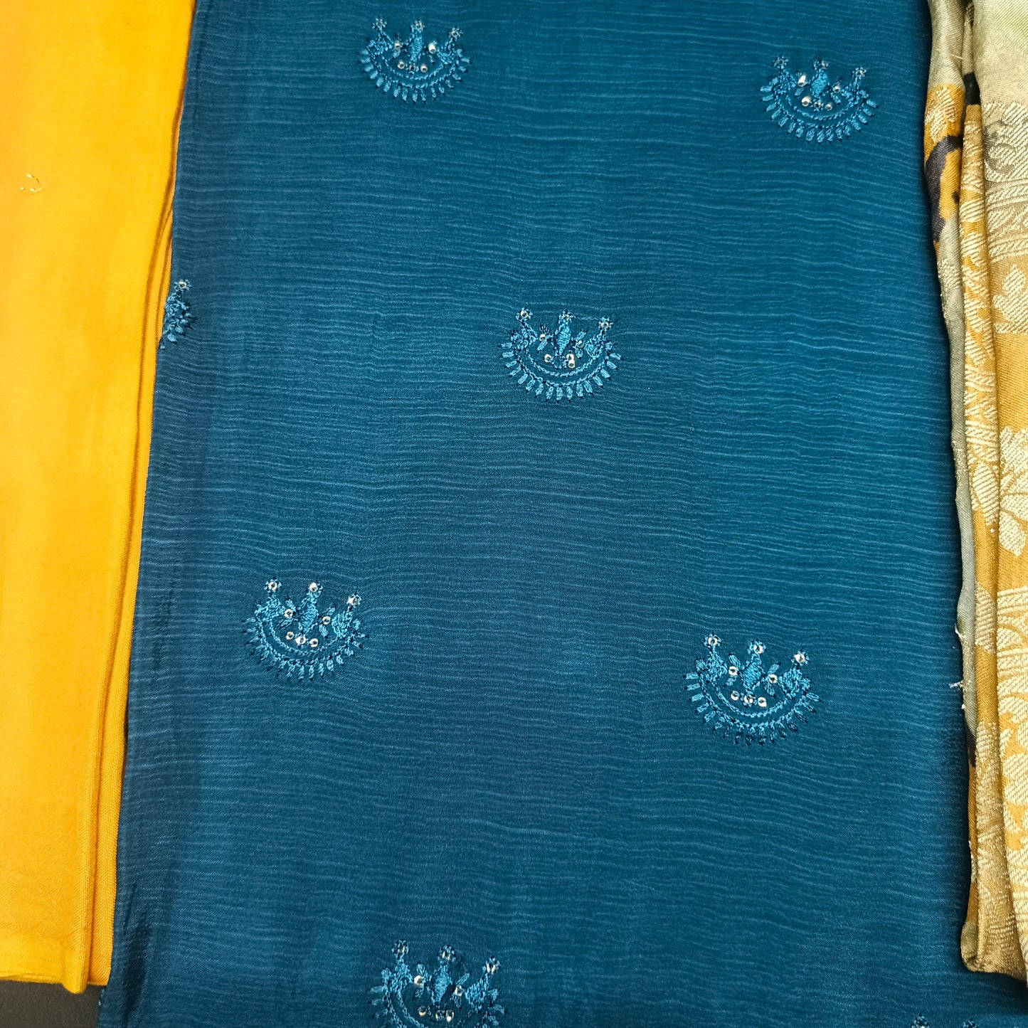 Peacock blue yellow vegan chinnon silk Unstitched suits HA25397