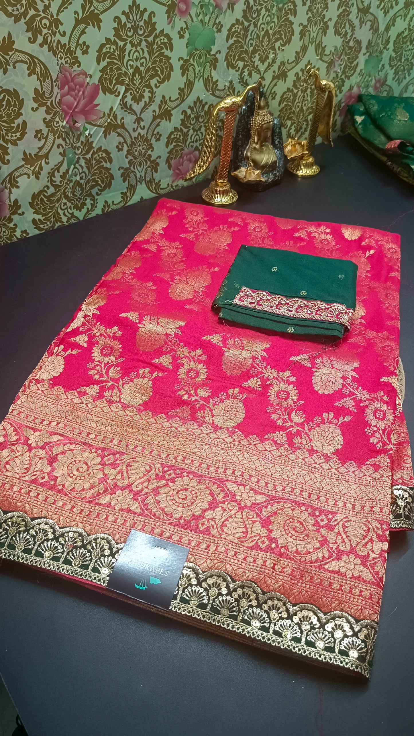 Reddish pink with green Royal banarasi vegan kaddi georgette saree JA25330