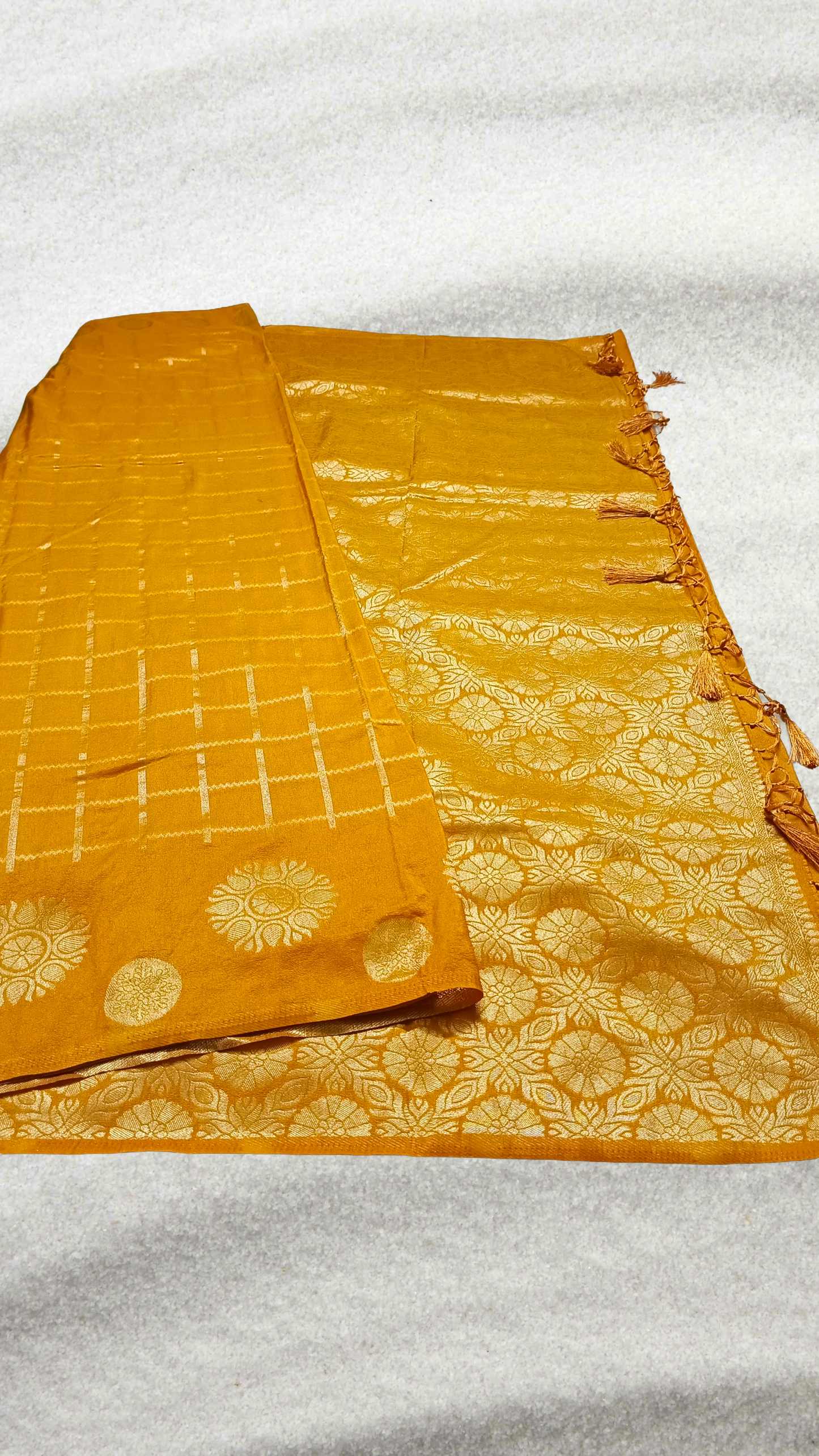 Mustard Yellow Sudar Chakkram vegan kaddi georgette saree MA25095