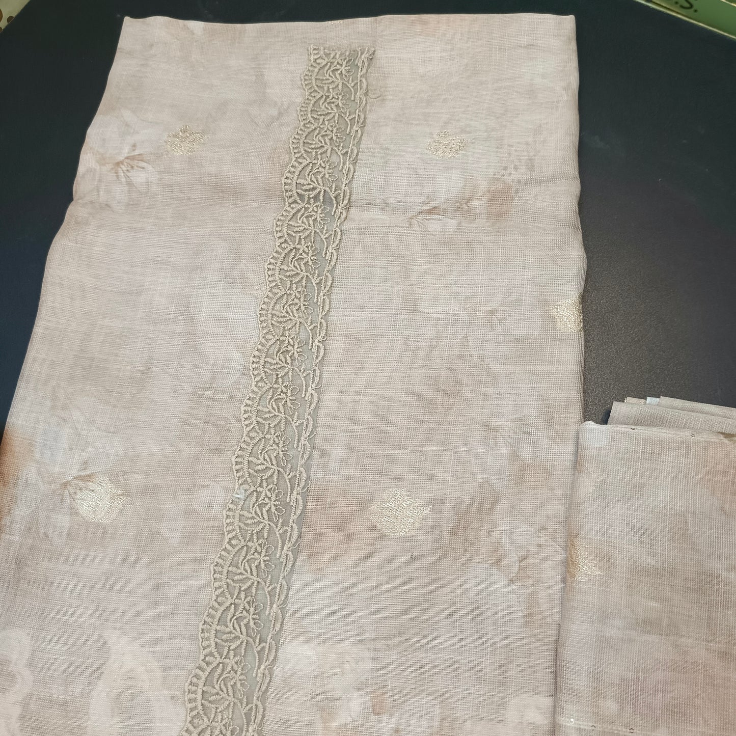 Beige Linen Jamdhani Cutwork vegan Unstitched Suit PA25067