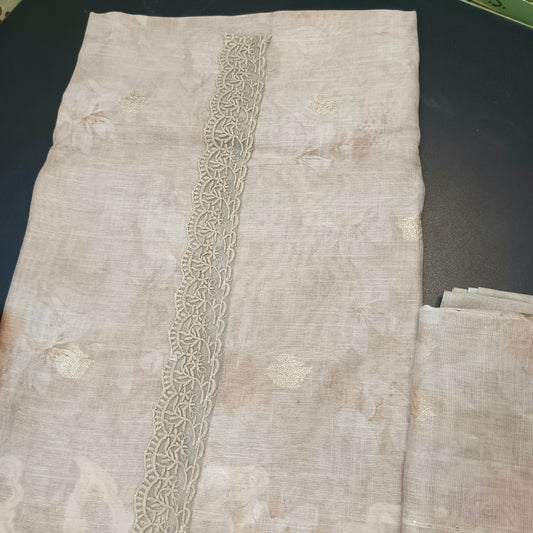 Beige Linen Jamdhani Cutwork vegan Unstitched Suit PA25067