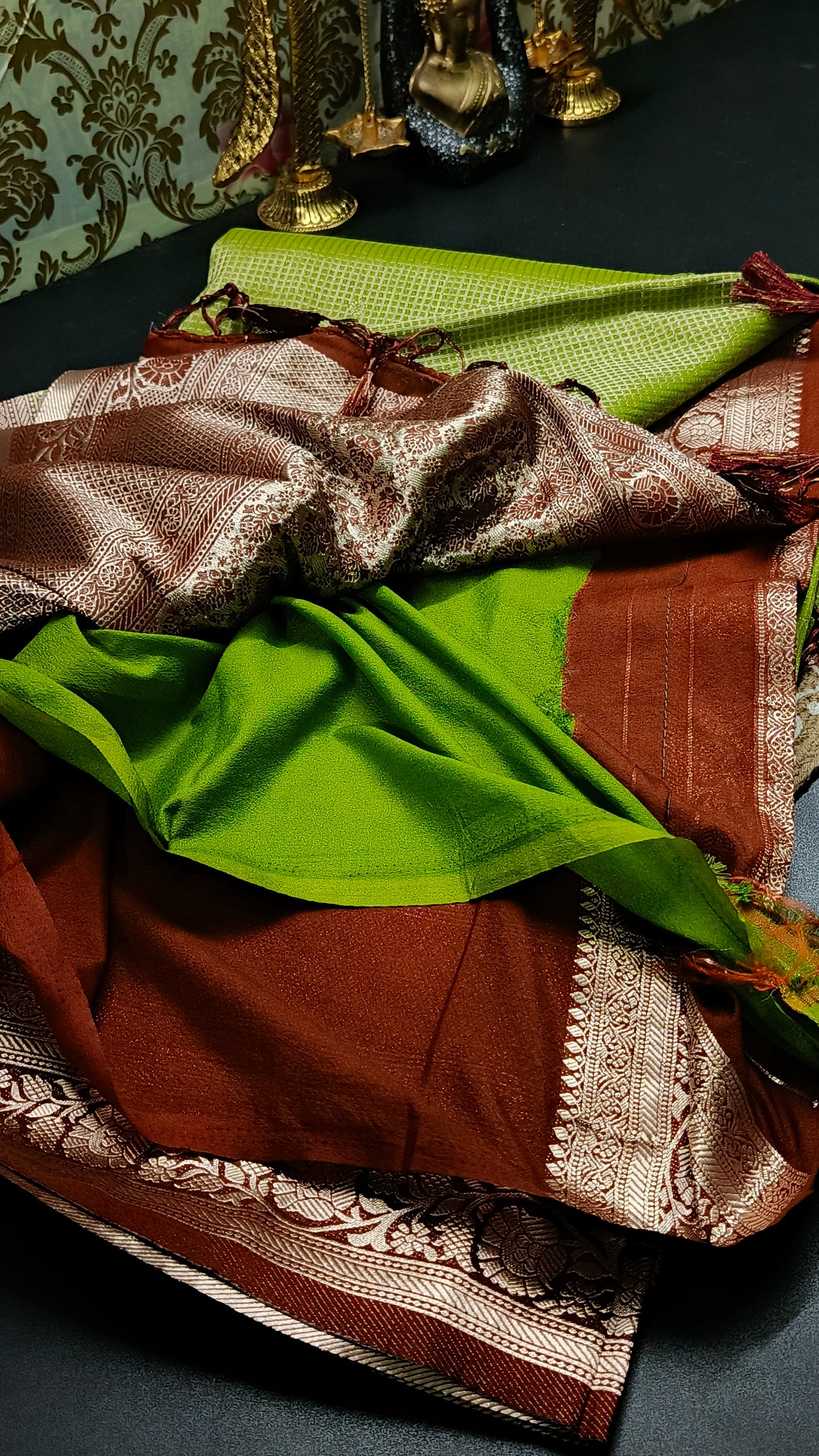 Olive green Zari tara vegan banarasi kaddi georgette saree MA25258