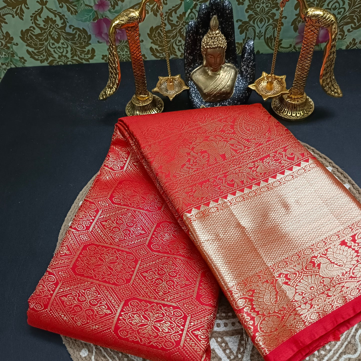 Chilli Red Ashwa gaja vegan bridal kanchi silk saree LA25952