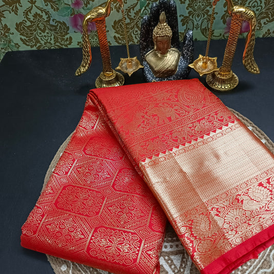 Chilli Red Ashwa gaja vegan bridal kanchi silk saree LA25952