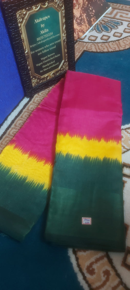 Pink Tricolor vegan linen zari border saree JA26033