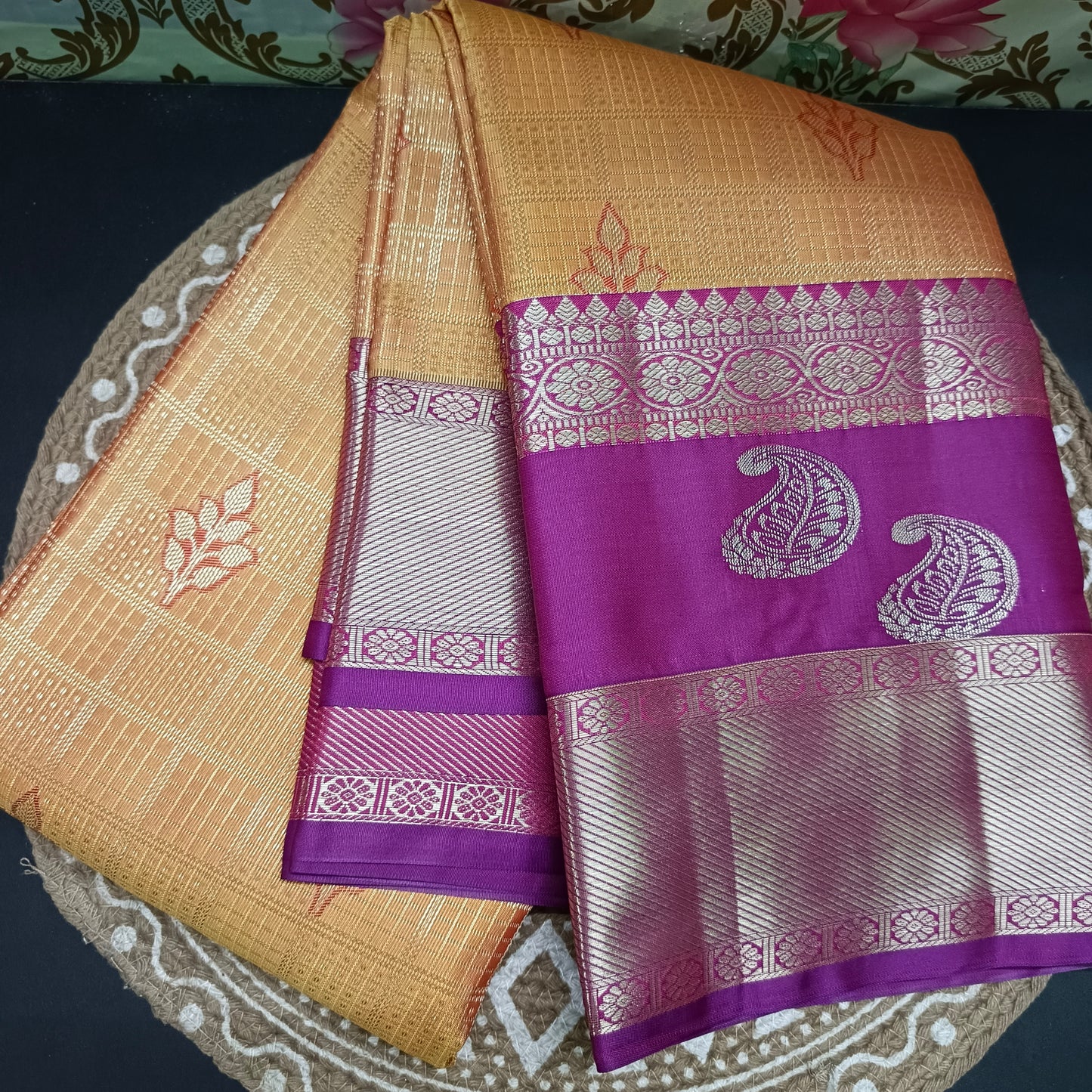 Yellow with majenta Parijatham Vegan premium kanchi brocade silk saree LA25932