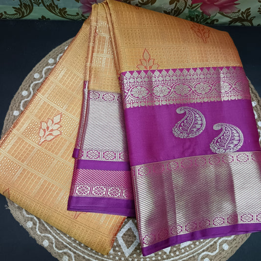 Yellow with majenta Parijatham Vegan premium kanchi brocade silk saree LA25932