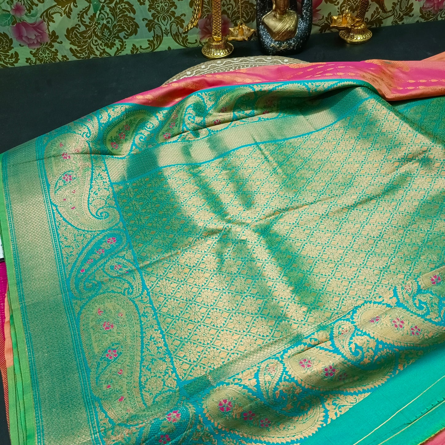 Onion Pink Seagreen Pavazha Pattu vegan Kanchi silk saree MA25137
