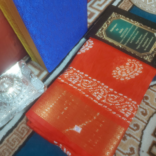Orange Vegan lenin Mango batik weaving border saree JA26053
