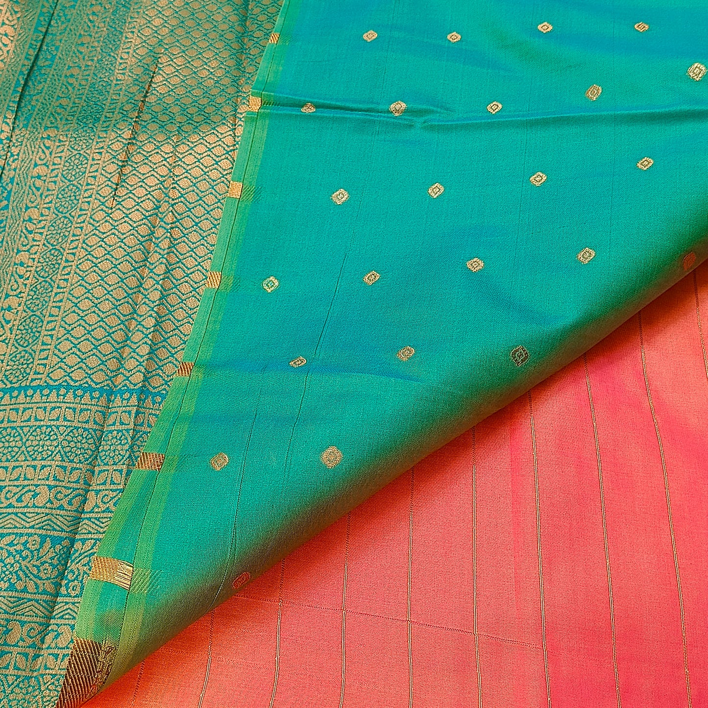 Peach Green Maragatha Muhurtham Vegan Kanchi Silk Saree MA25112