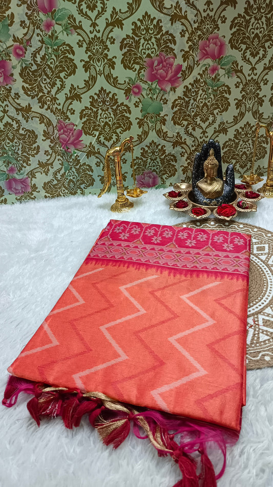 Peach with Pink Zigzag Handweave Ikkat Vegan silk cotton saree HA25431