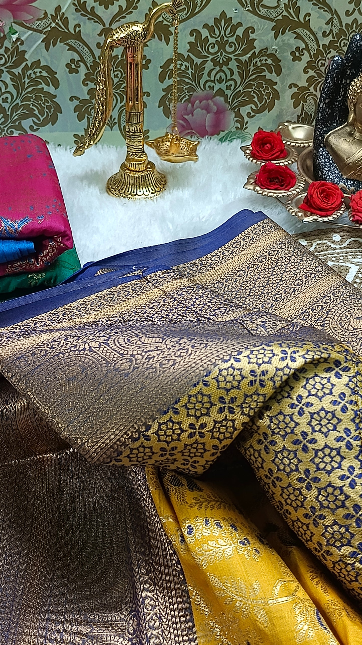 Yellow with blue Raj Nandhini Vegan kanchi silk saree JA25281