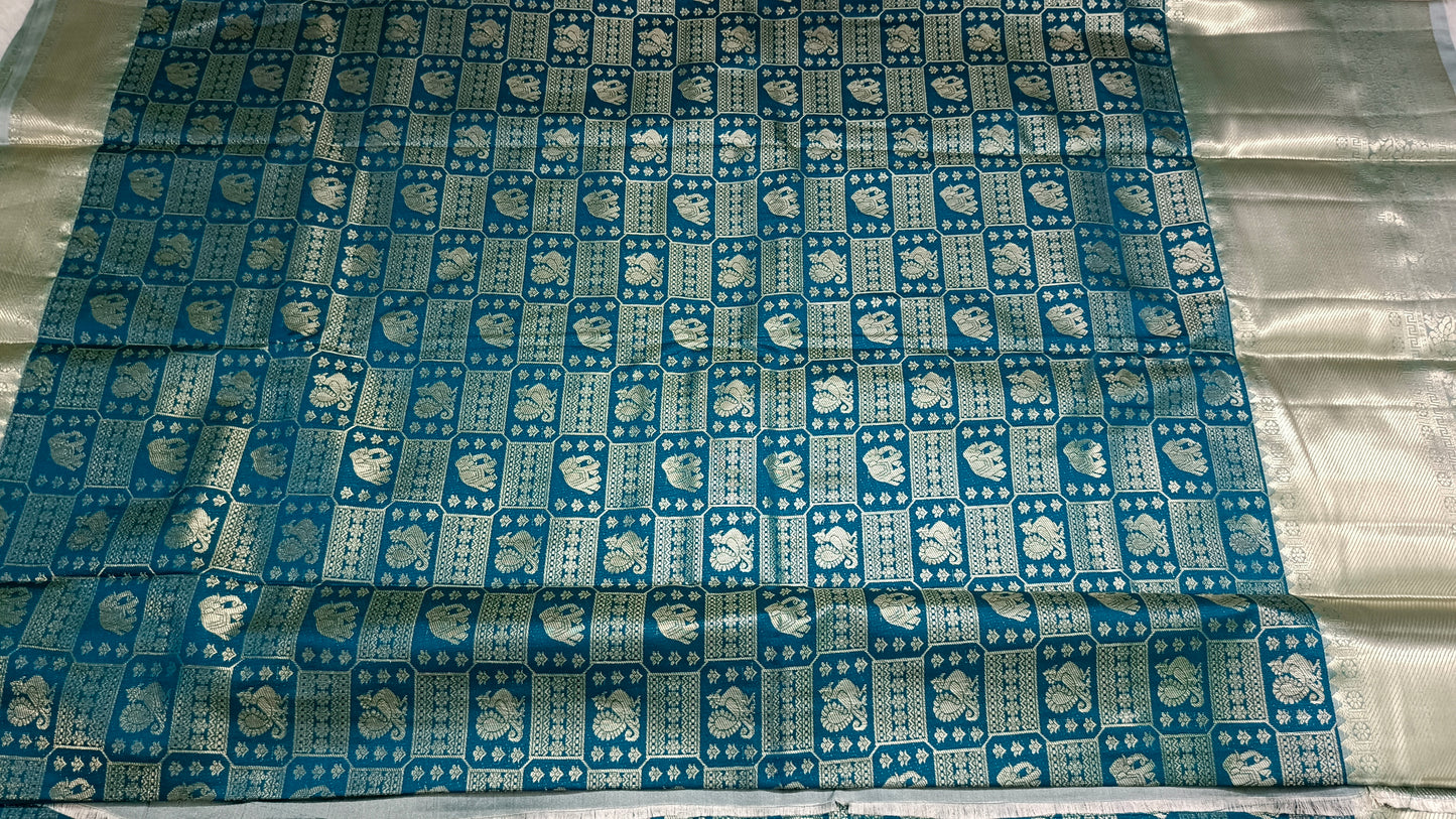 Peacock blue Parijatham Vegan premium kanchi brocade silk saree LA25920