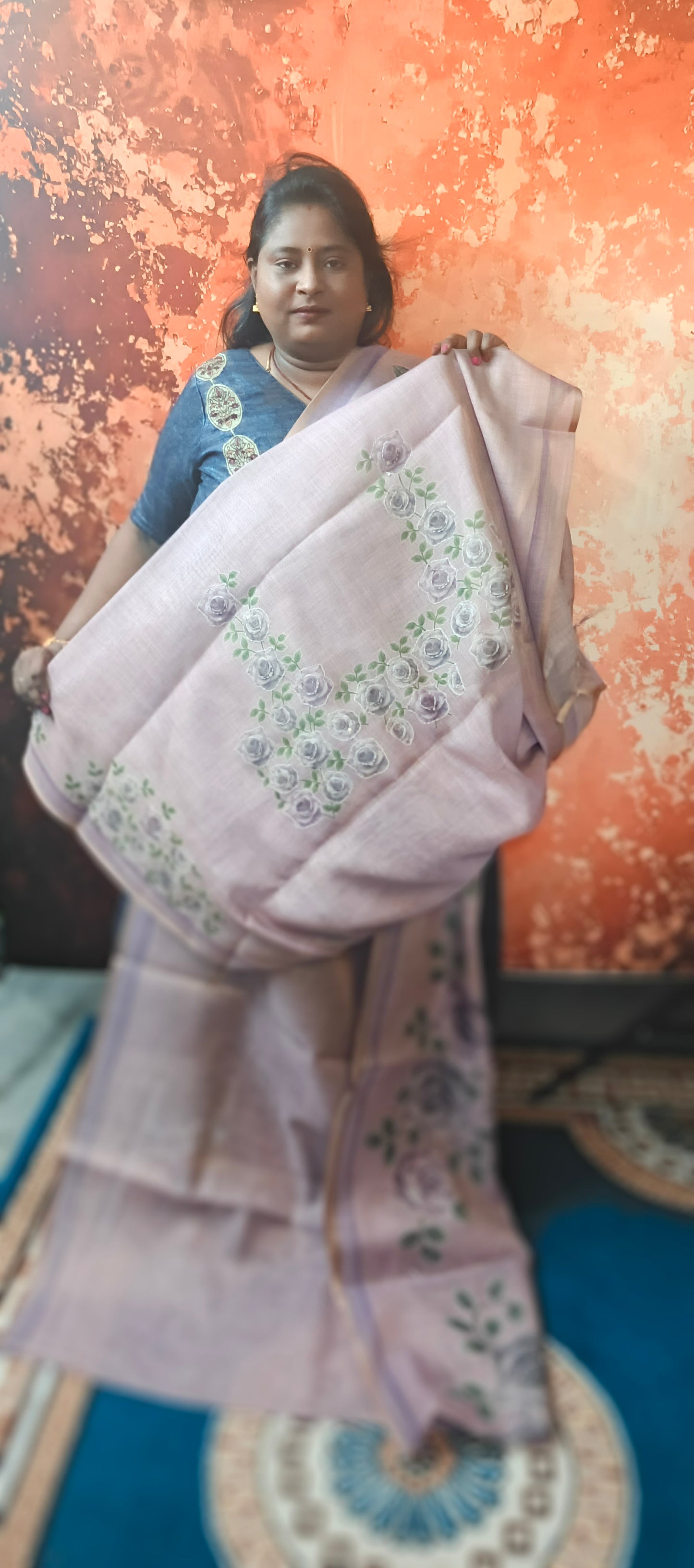 Purple Kantha blooms Vegan linen kantha work saree SA25710