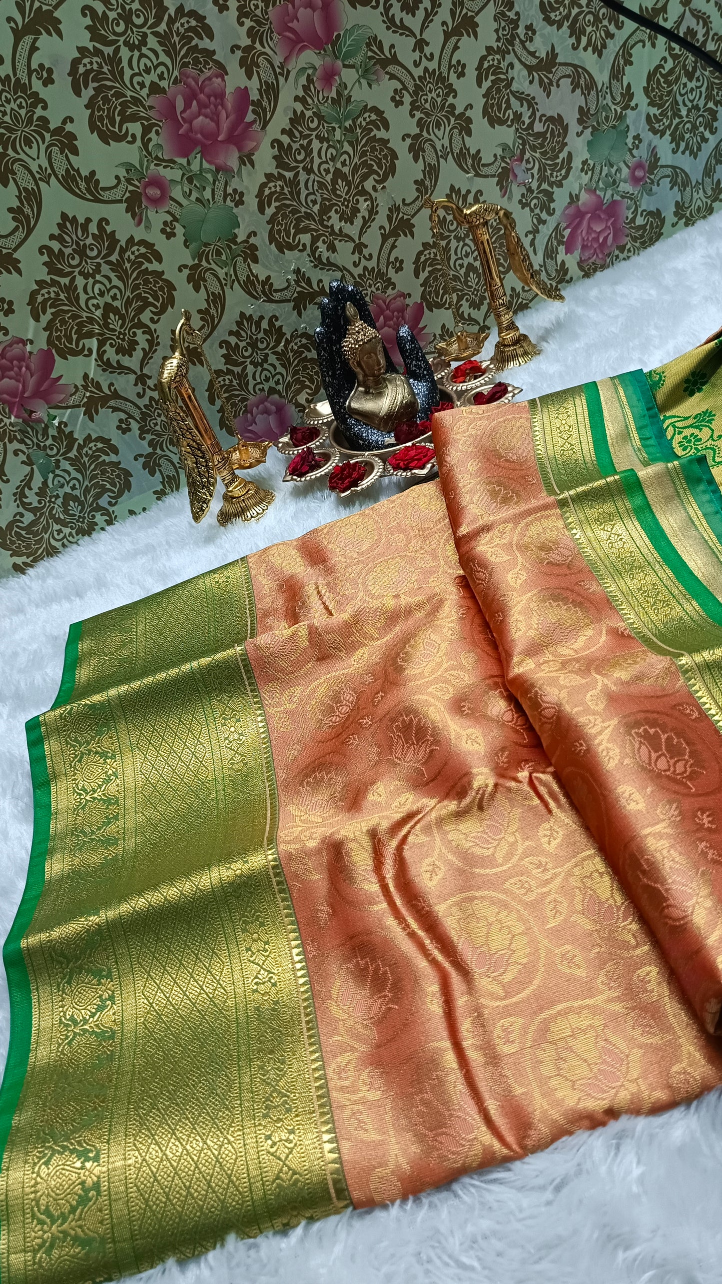 Sunset Blossom Vegan Kanchi Tissue Silk Saree Orange
