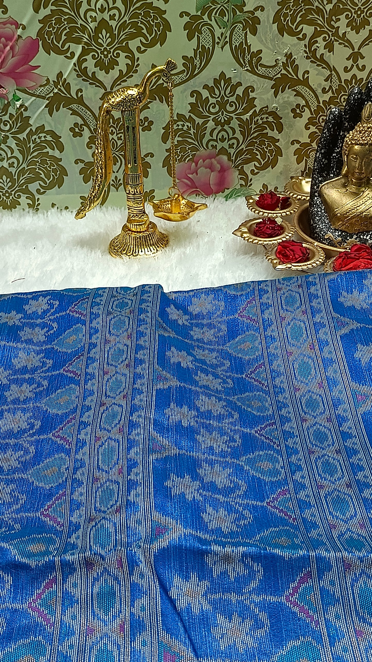 Sapphire blue with Royal Blue Zigzag Hand Weave Ikkat Vegan silk cotton saree HA25428