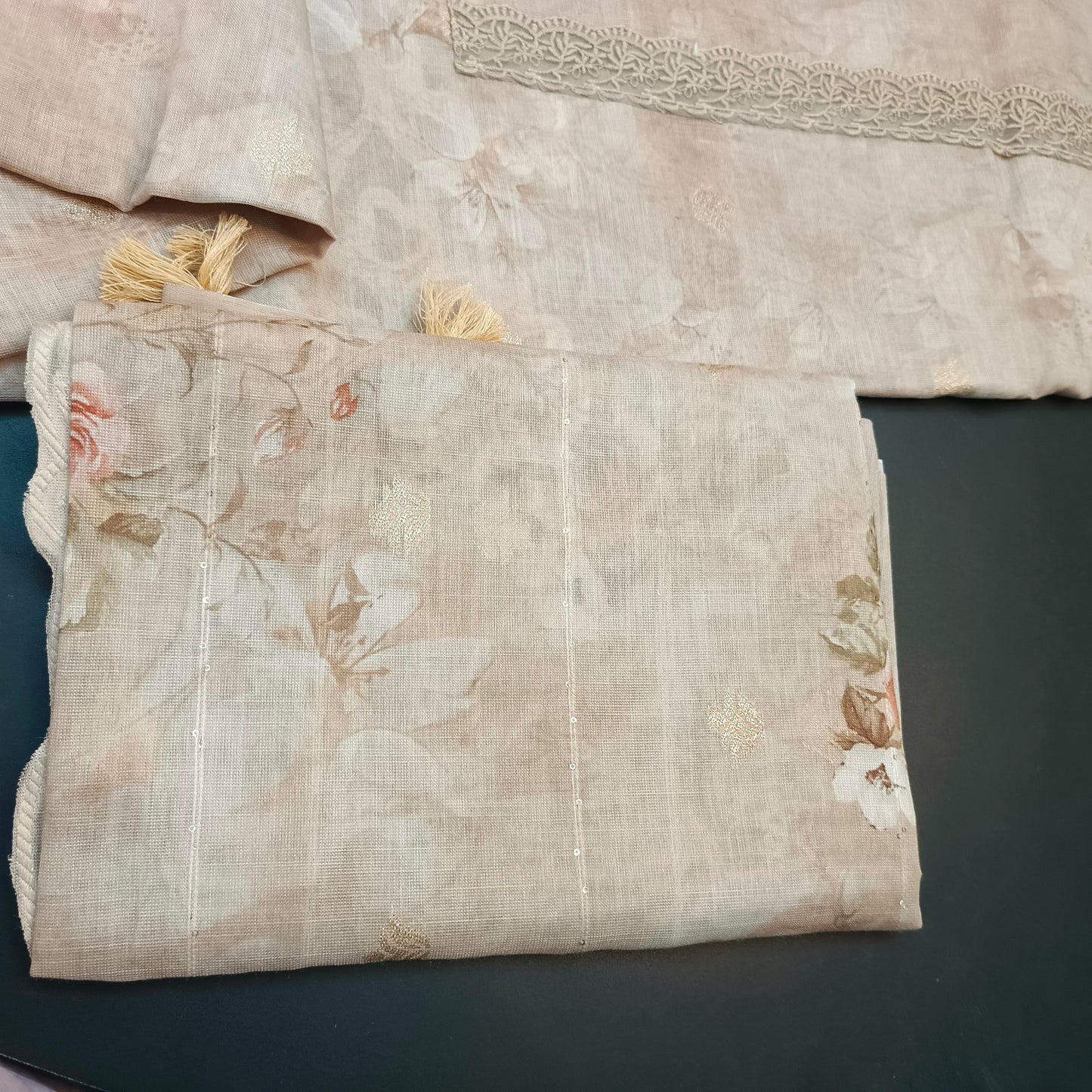 Beige Linen Jamdhani Cutwork vegan Unstitched Suit PA25067