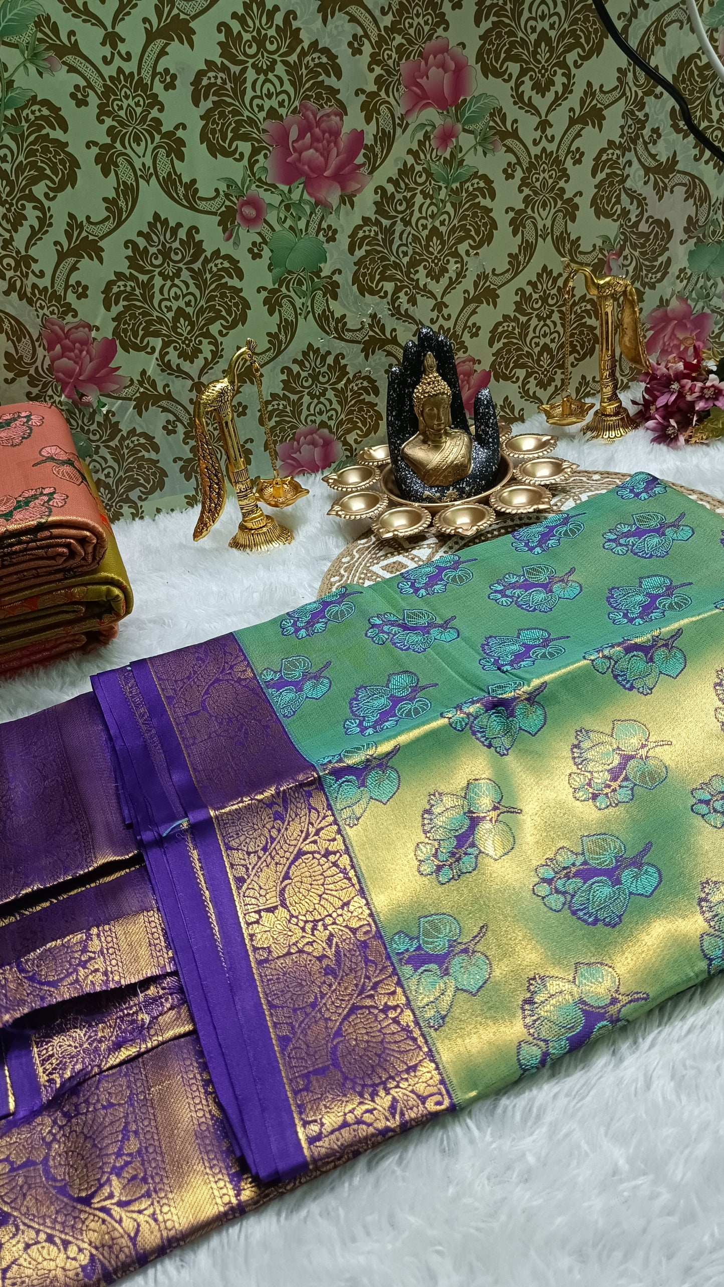 Sapphire Blue with navy blue Mangala Pushpam Vegan Kanchi tissue saree JA25296