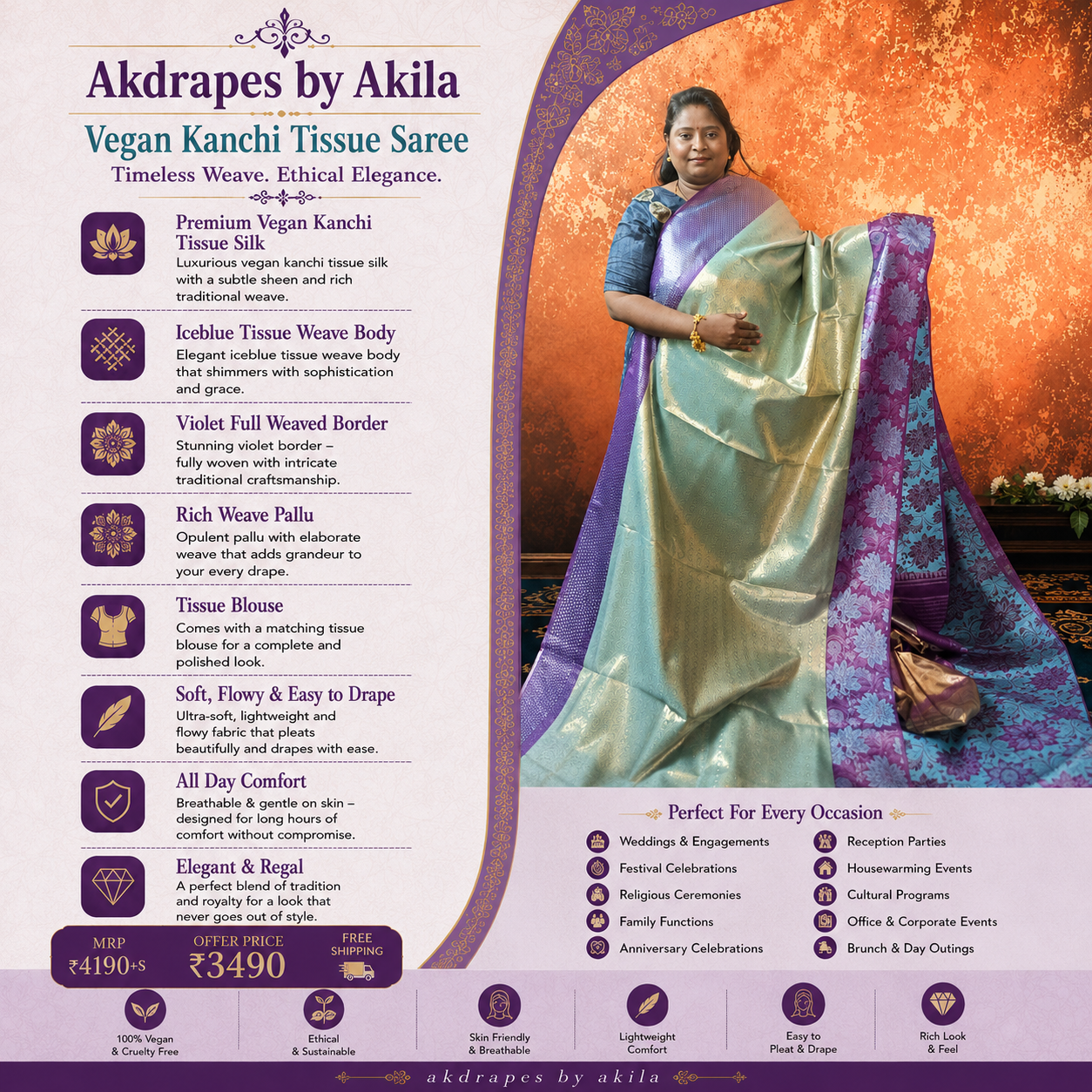 Ice blue with violet Neelambari vegan tissue bridal kanchi silk saree LA25942