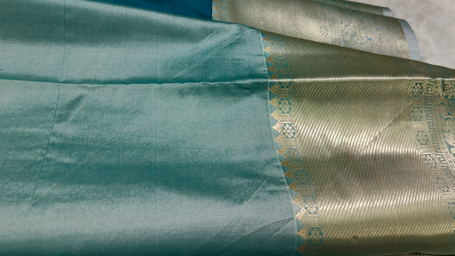 Peacock blue Parijatham Vegan premium kanchi brocade silk saree LA25920
