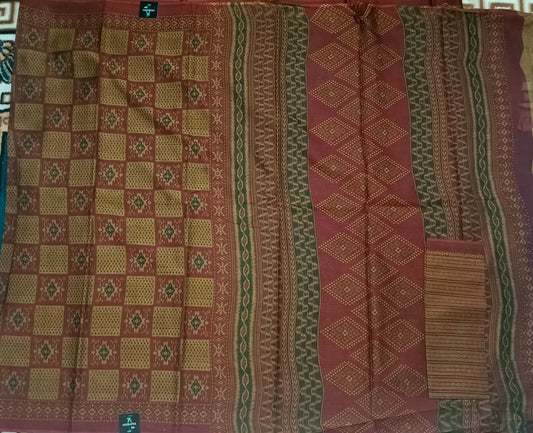 Mustard Malai Maska ikkat screen printed vegan malai cotton saree HA25539