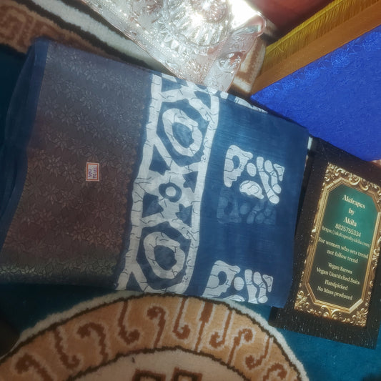 Indigo vegan linen batik weaving border saree JA26069