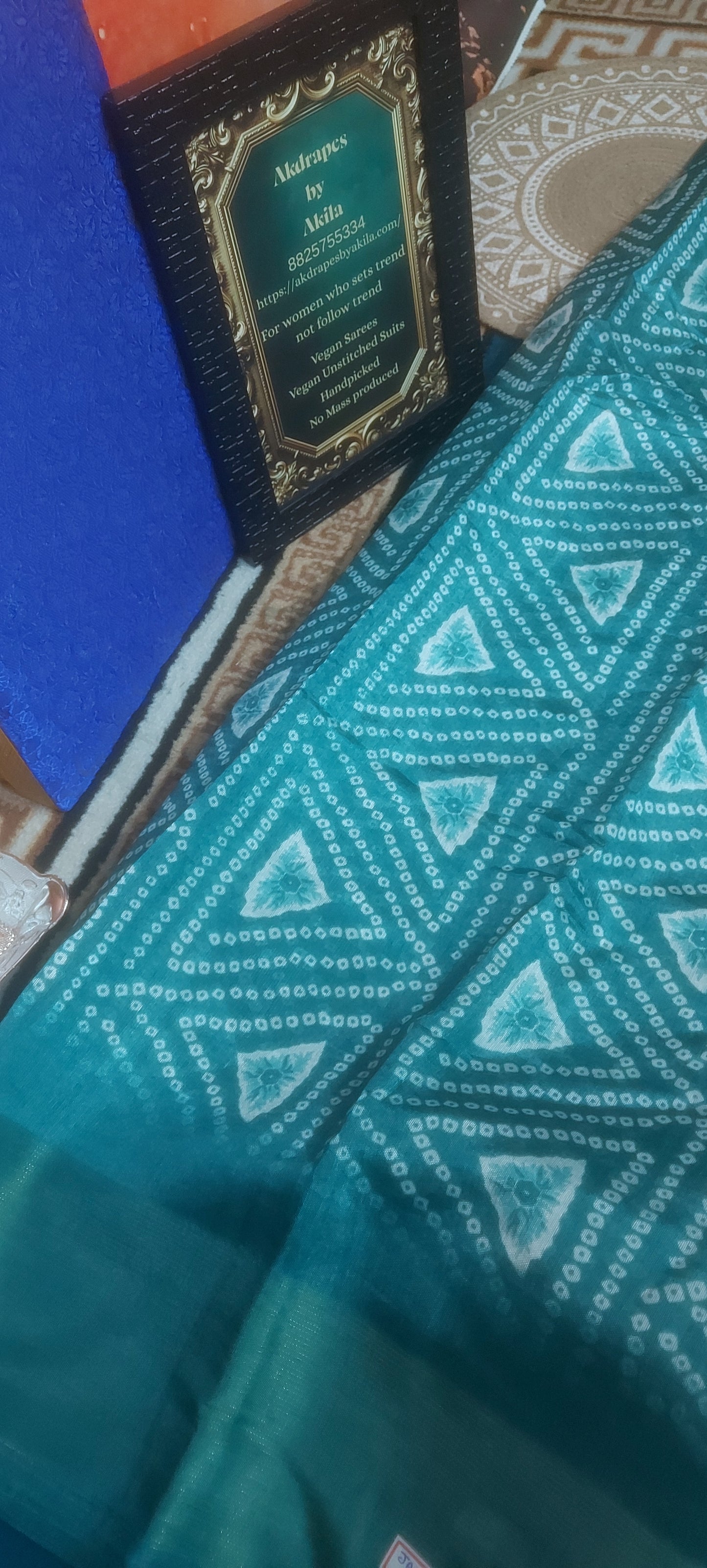 Blue bandhini Vegan linen Zari border saree JA26039