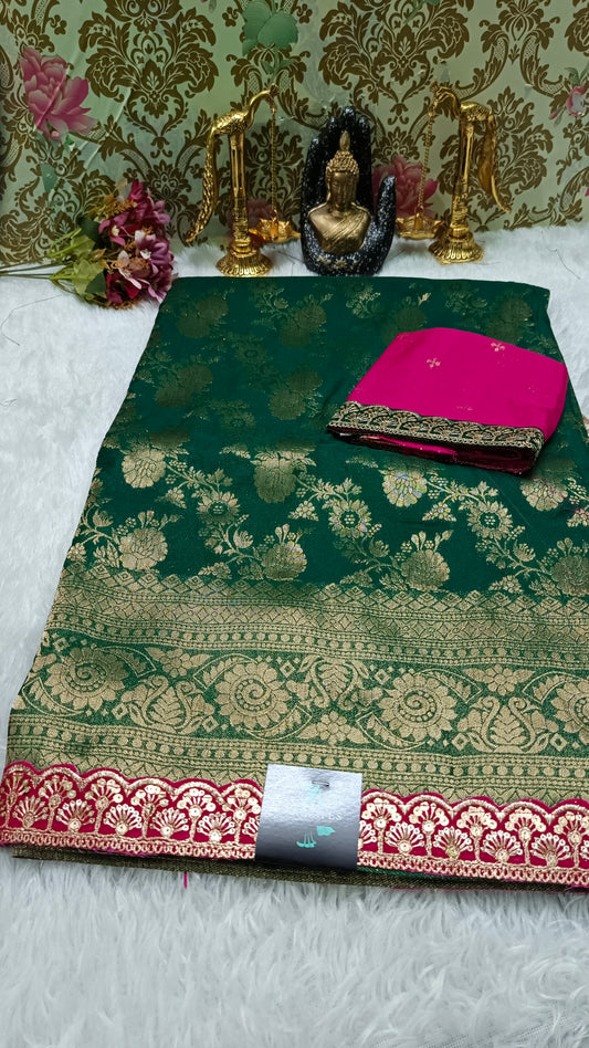 Dark green with pink Royal banarasi vegan kaddi georgette saree JA25328