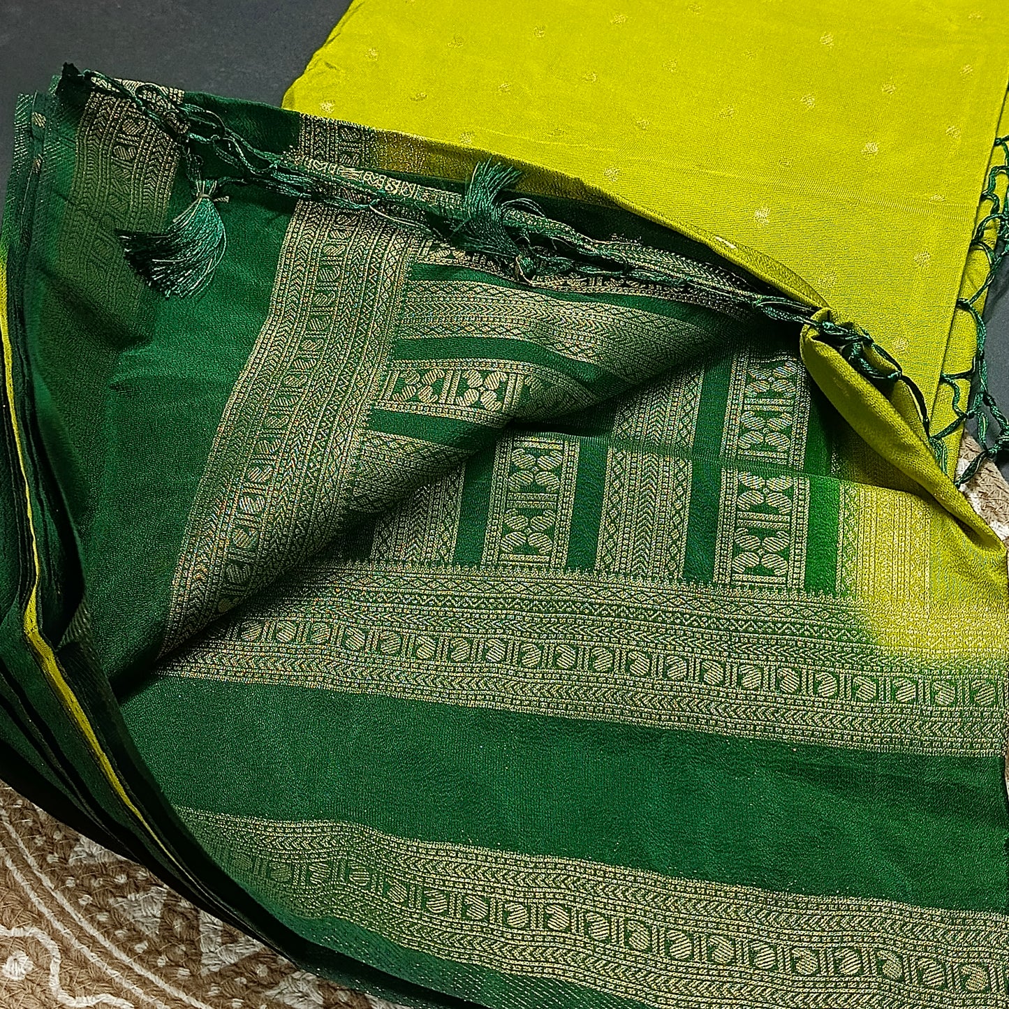 Green Green Kairika Vegan Viscose Crepe Silk Saree MA25163