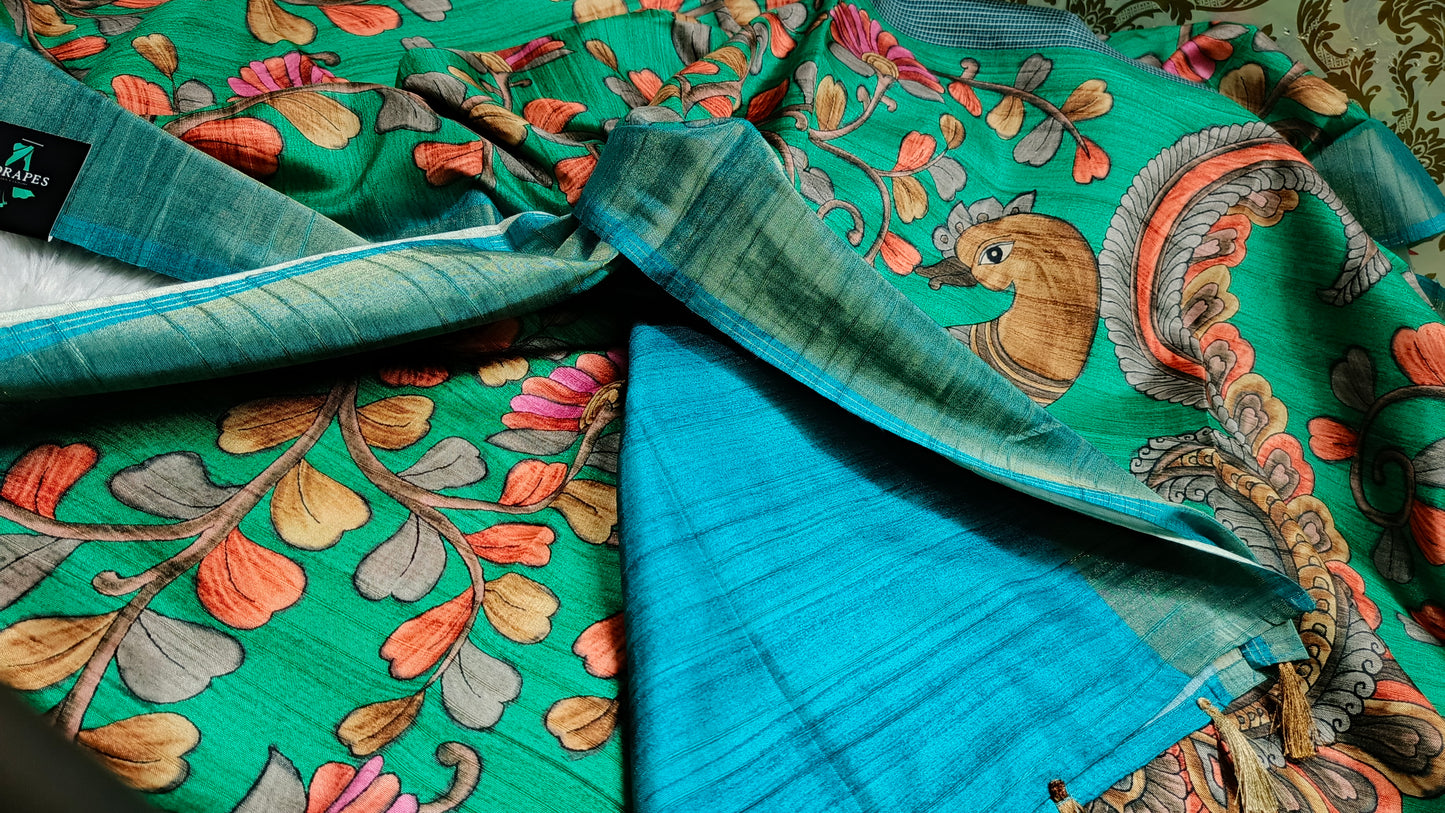Green with blue khushboo digital printed kalamkari vegan tussar saree SA25695