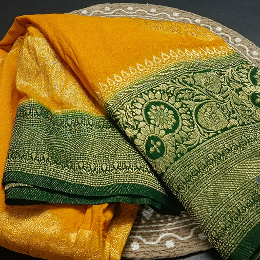 Yellow banarasi vana premium vegan Kaddi georgette saree MA25206