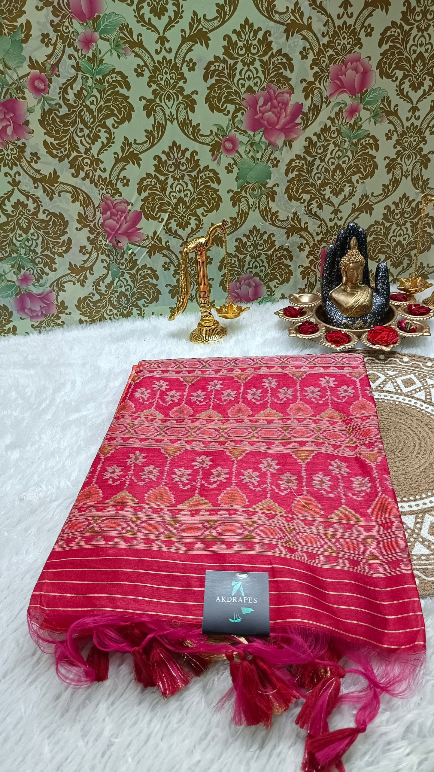 Peach with Pink Zigzag Handweave Ikkat Vegan silk cotton saree HA25431