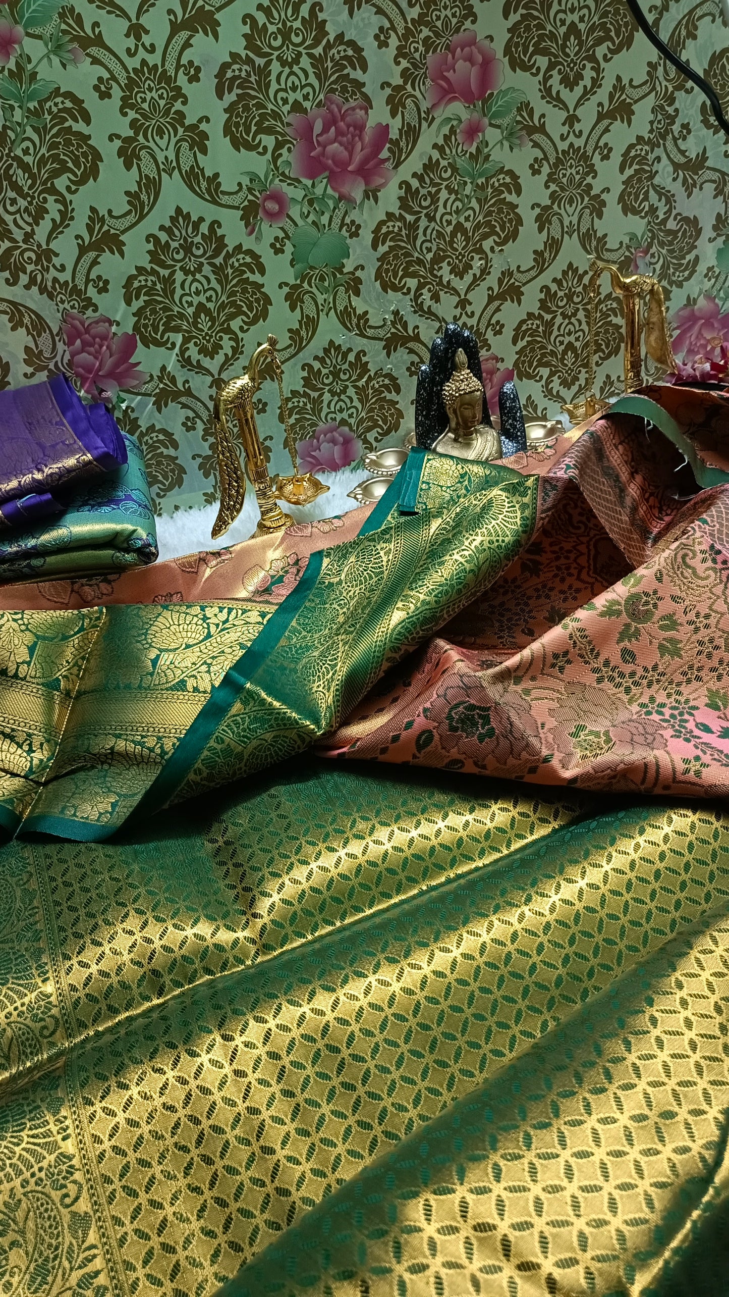 Peach with Green Mangala Pushpam Vegan Kanchi tissue saree JA25295