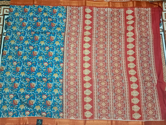Blue Kalamkari veg dyed Vegan Magalgiri silk cotton Saree HA25474