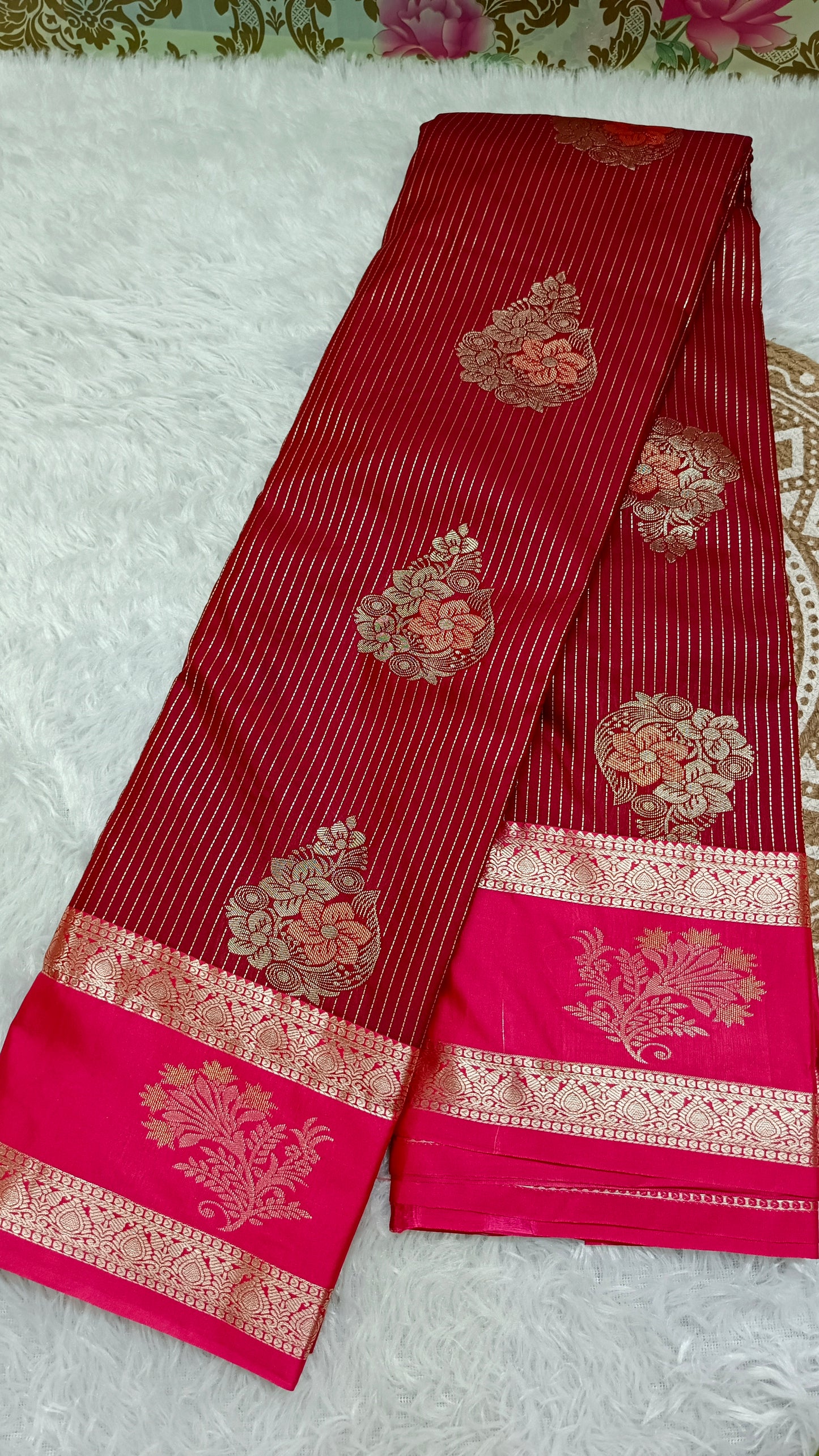 Brown with red Parijatham Vegan premium kanchi brocade silk saree LA25931