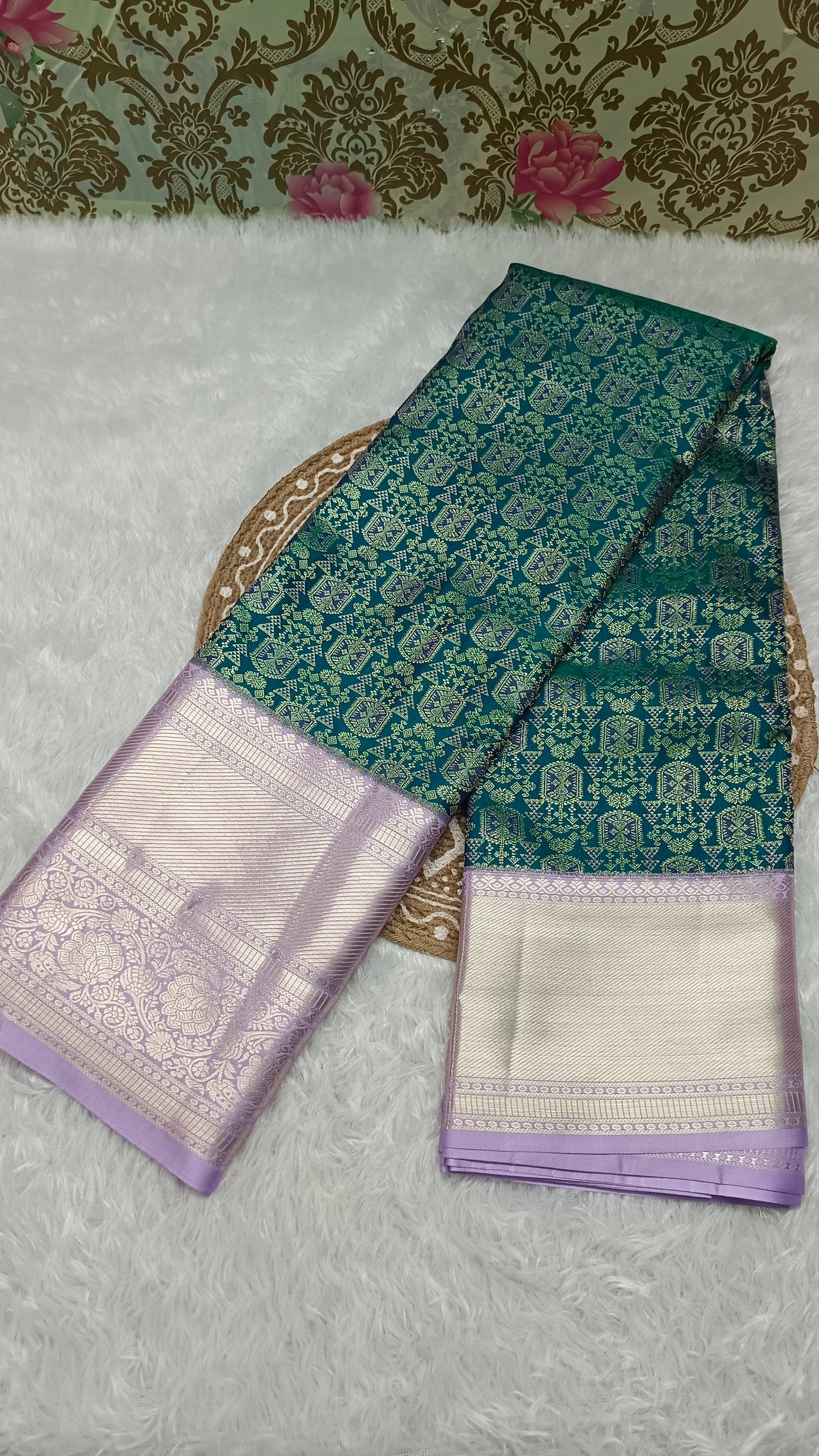 Green with Pastel Purple Aishwariyam Vegan Kanchi Brocade silk saree LA25946