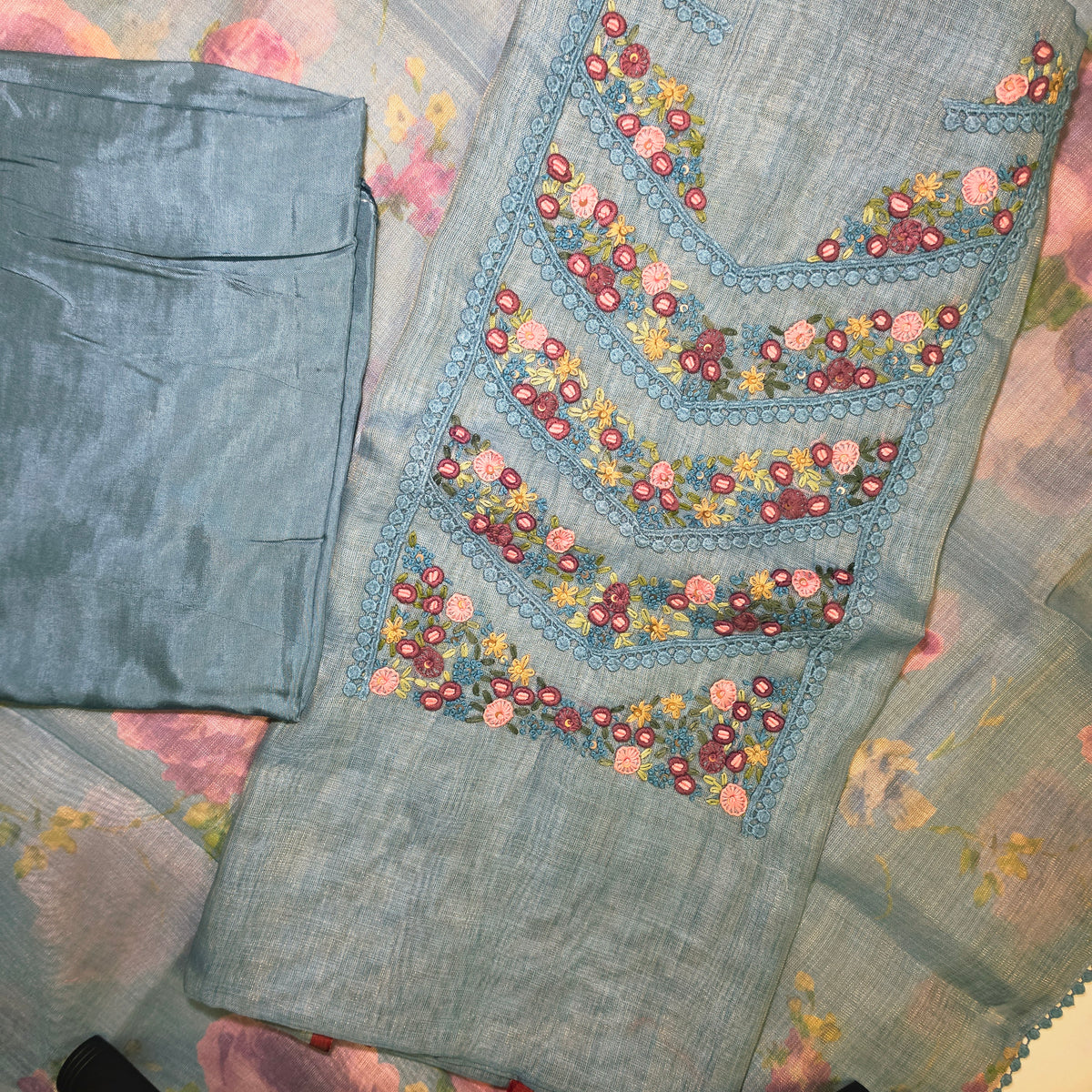 Blue Vegan tissue linen with neck work unstitched suits PA25048