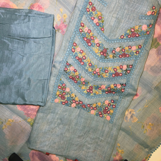 Blue Vegan tissue linen with neck work unstitched suits PA25048