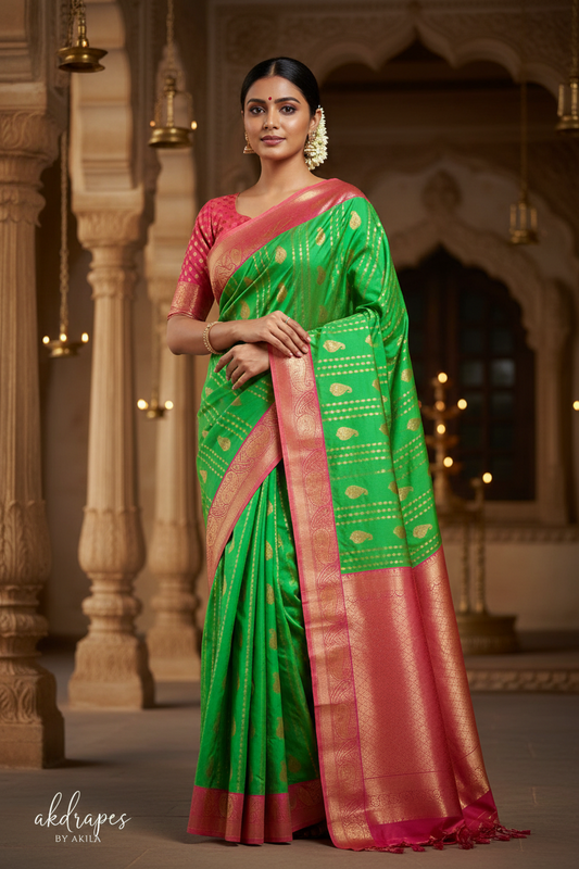 Parrot Green Pink Pavazha Pattu vegan Kanchi silk saree MA25132