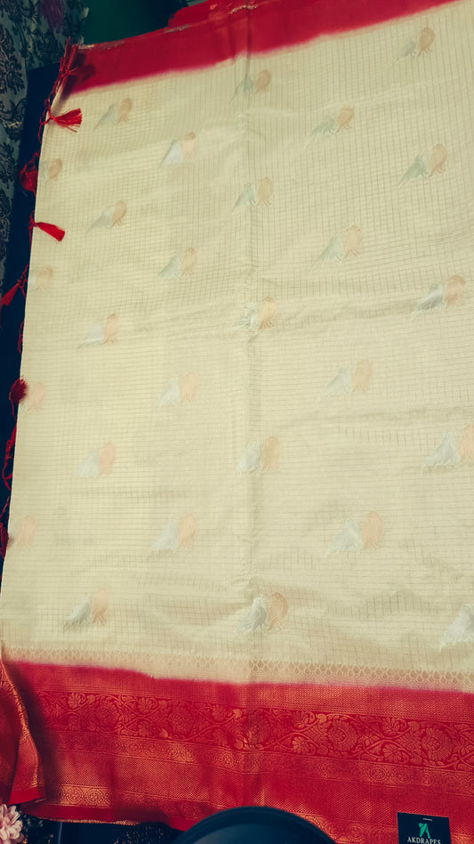 Off white Red  Midhuna Pakshi Premium Vegan Crepe silk Saree MA25215