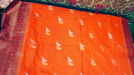 Orange Maroon Midhuna Pakshi Premium Vegan Crepe silk Saree MA25212