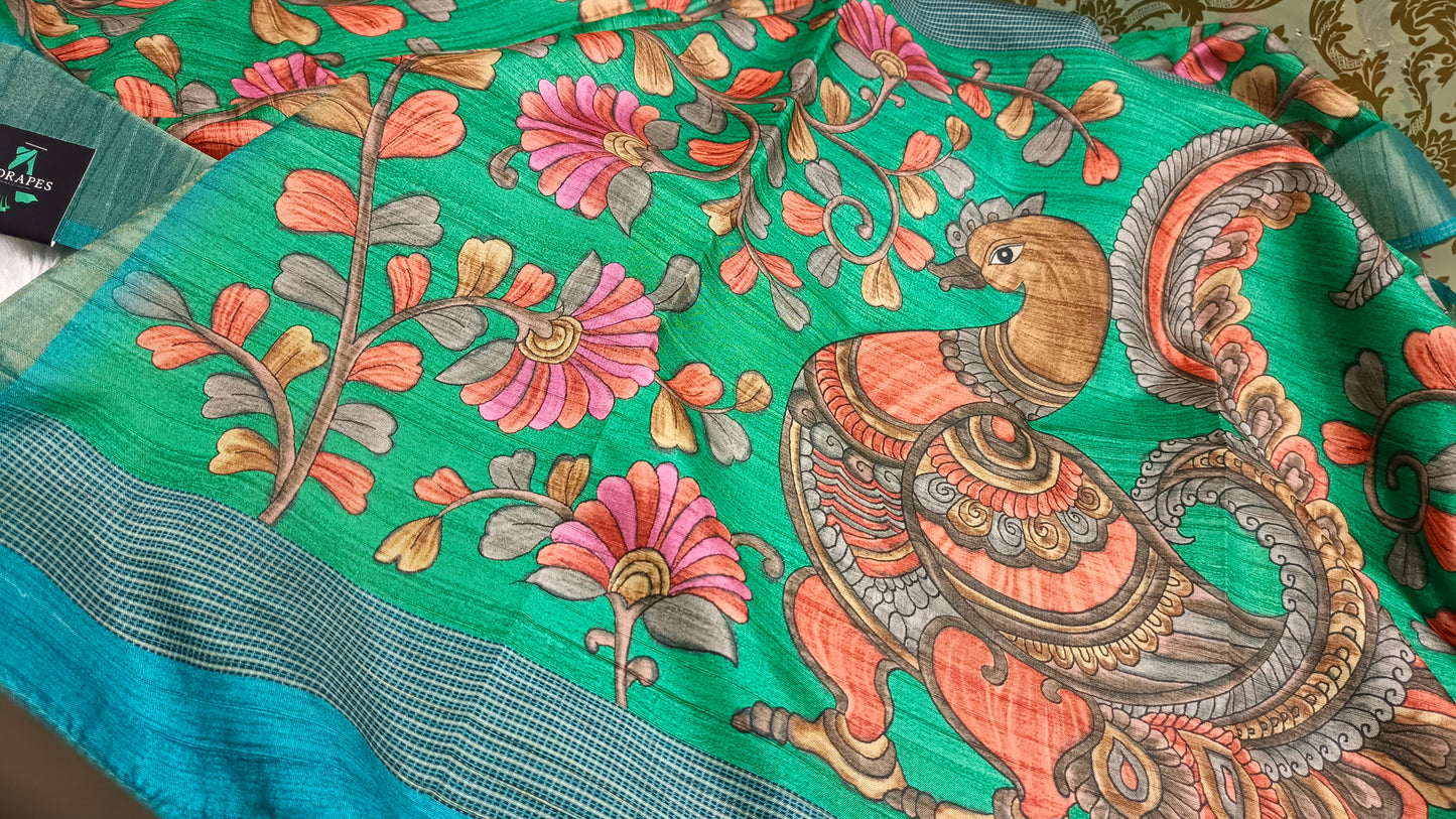 Green with blue khushboo digital printed kalamkari vegan tussar saree SA25695