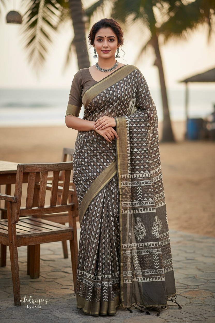 Brown Rapid discharge Vegan chanderi cotton saree HA25455