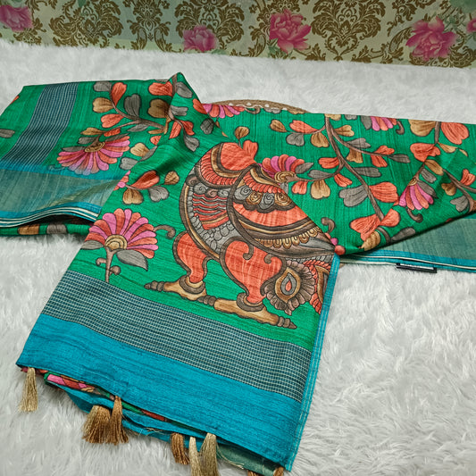 Green with blue khushboo digital printed kalamkari vegan tussar saree SA25695