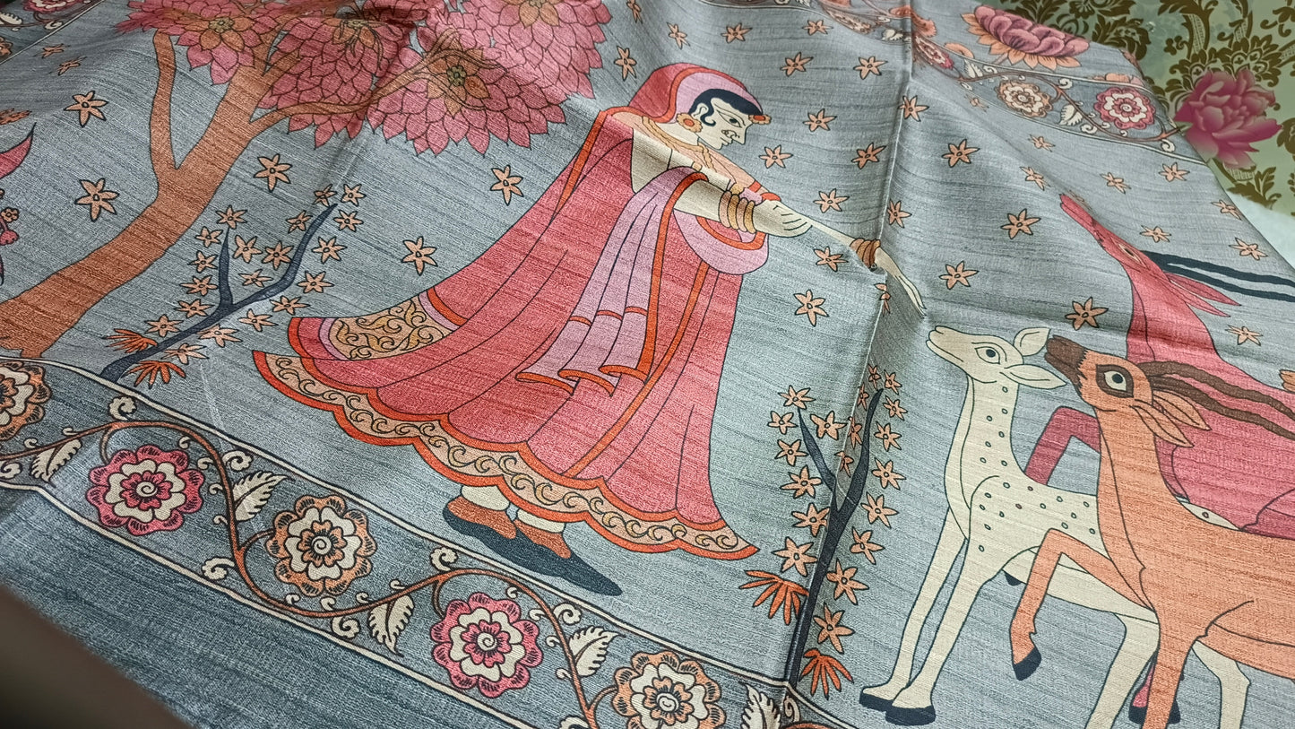 Grey Ritika digital printed kalamkari vegan tussar saree SA25697