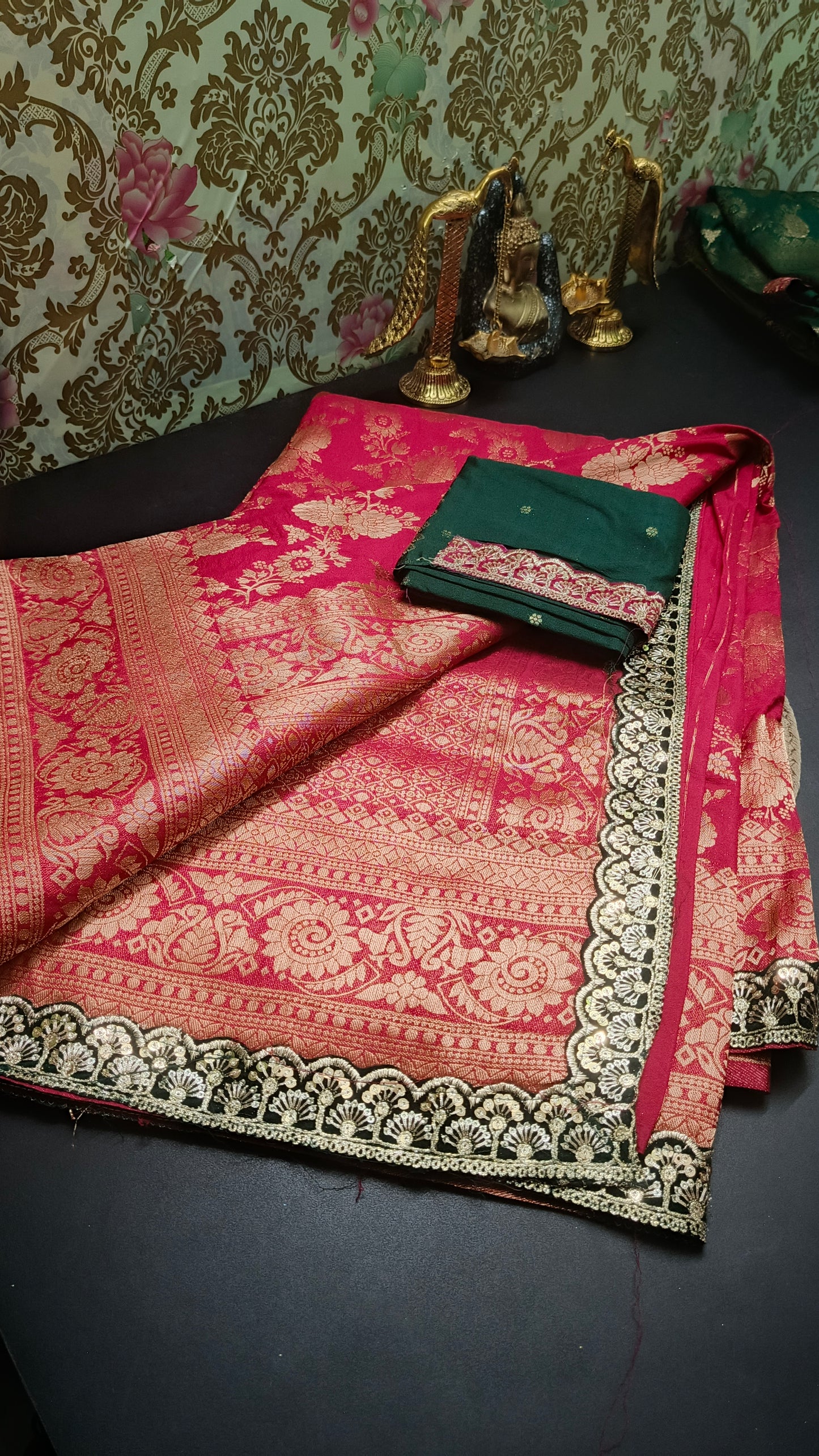 Reddish pink with green Royal banarasi vegan kaddi georgette saree JA25330