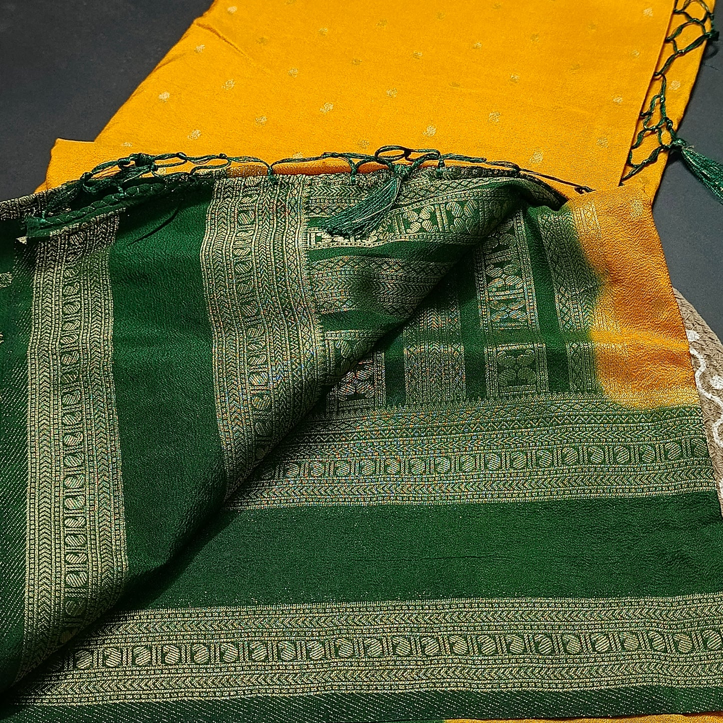 Yellow Green Kairika Vegan Viscose Crepe Silk Saree MA25165