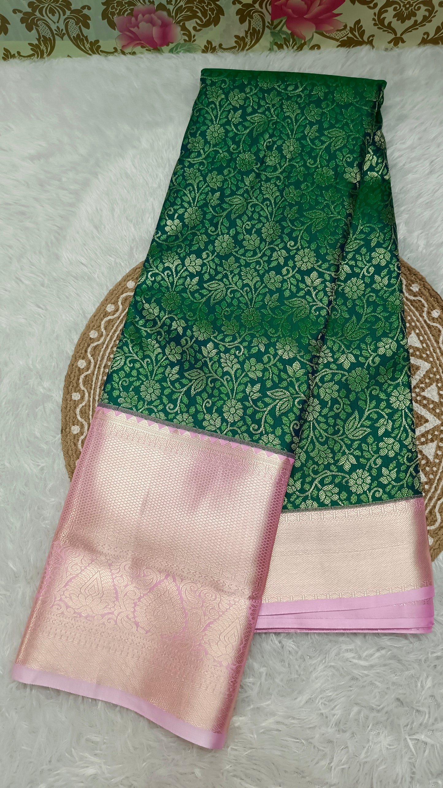 Green with Pastel Pink Aishwariyam Vegan Kanchi Brocade silk saree LA25947
